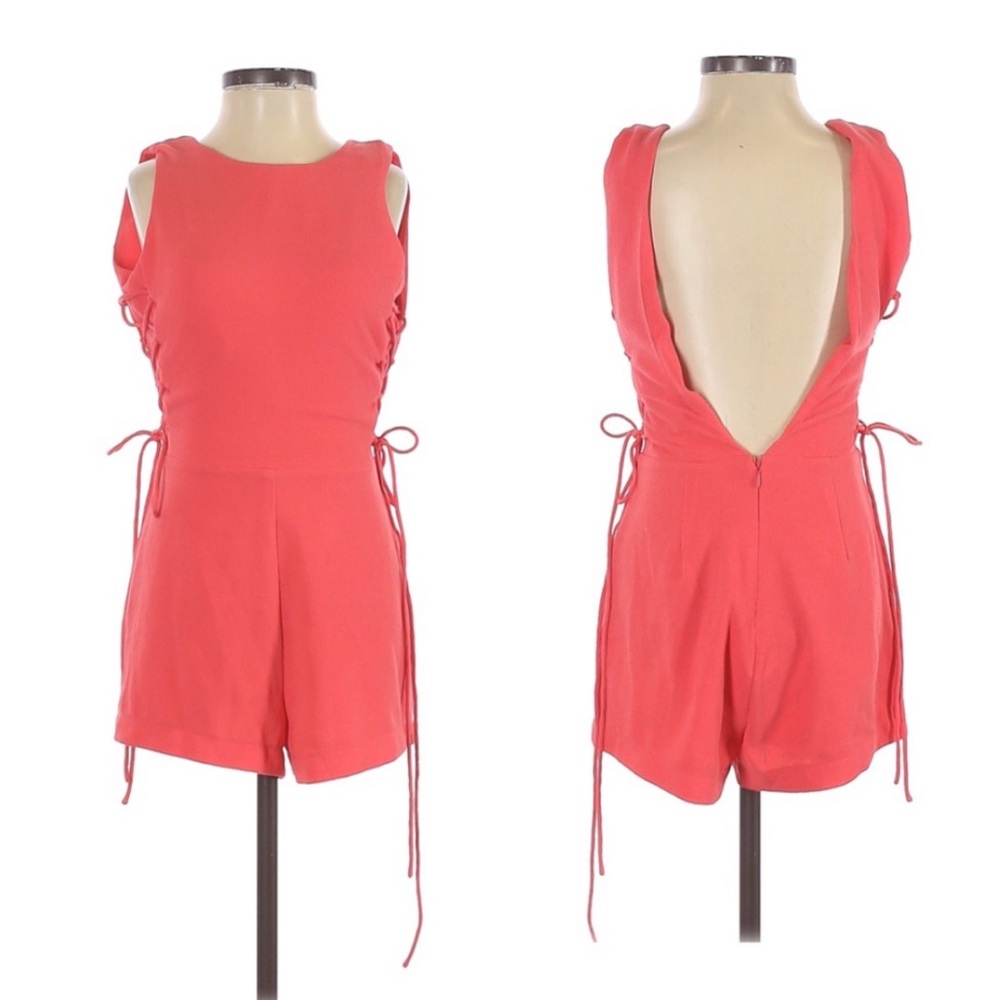 NWT J.O.A Sleeveless Lace Sides Woven Romper POP Coral